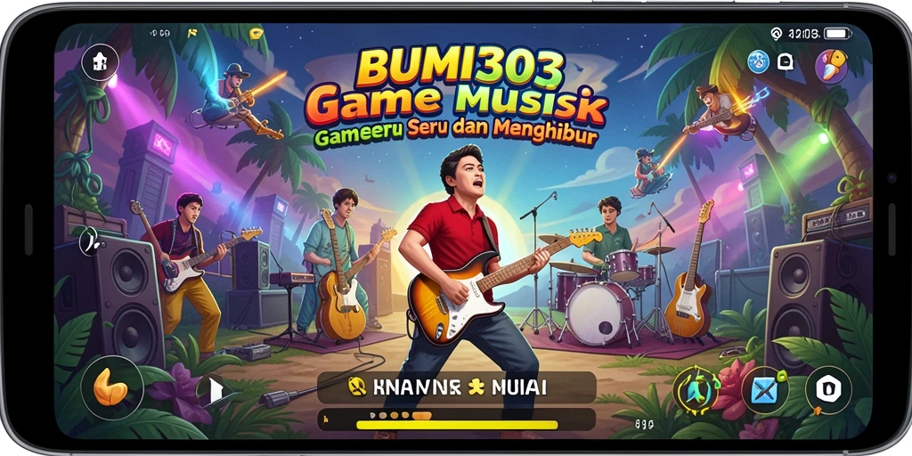Tampilan gameplay BUMI303 dengan aksi musik yang dinamis.