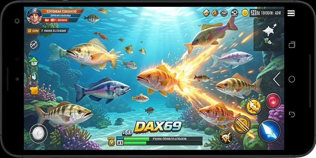 Screenshot gameplay DAX69 menampilkan aksi menembak ikan yang seru.