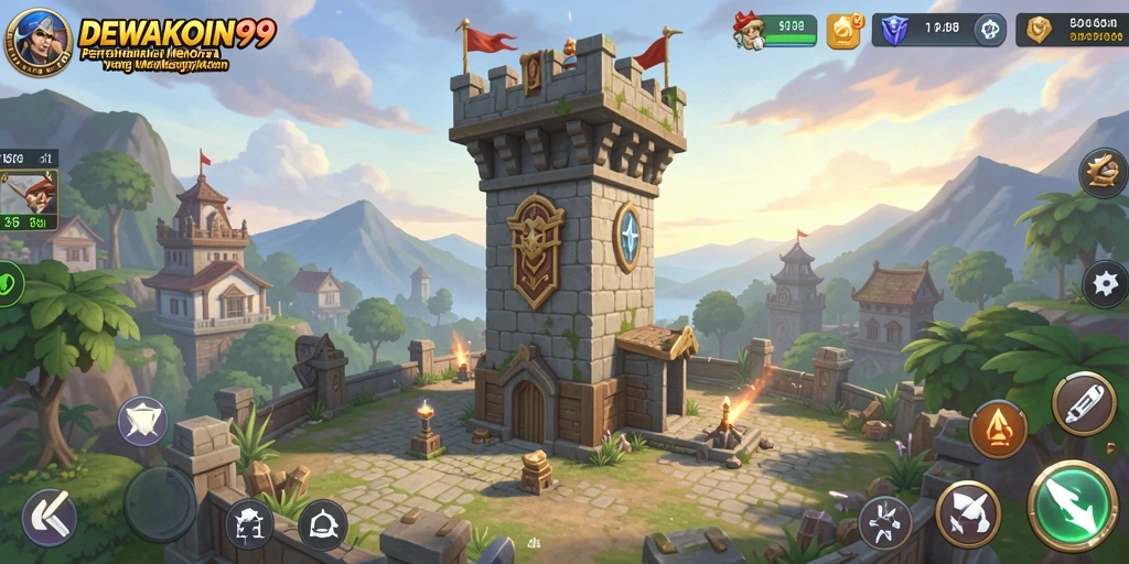 Tangkapan layar gameplay DEWAKOIN99 yang menunjukkan aksi pertahanan menara.
