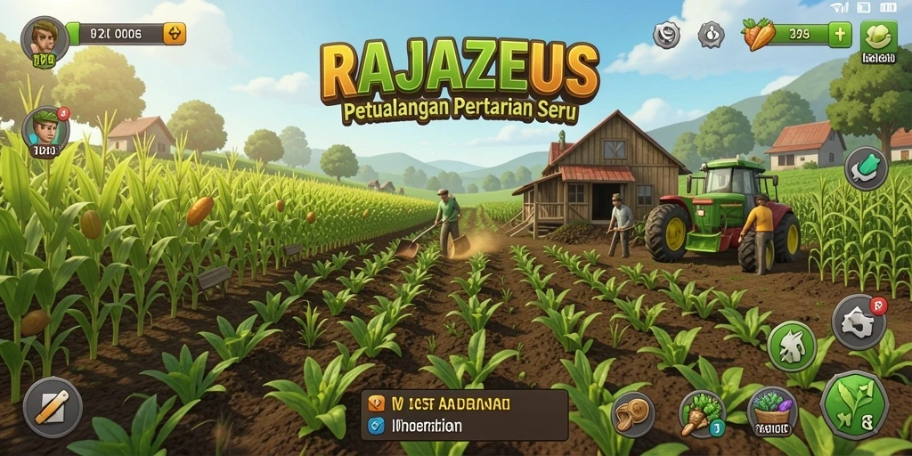 Tampilan gameplay yang menarik di RAJAZEUS dengan suasana pertanian yang hidup.